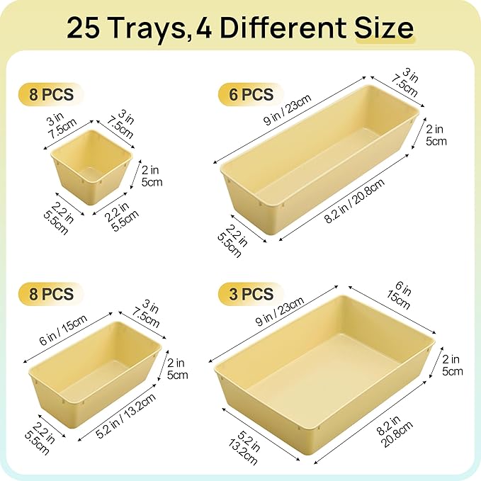 Vtopmart 25 Pack Plastic Drawer Organizers with Non-slip Rubber Pads | 4-Size Versatile Makeup Organizer, Storage Containers Small Bins for Makeup, Jewelries, Bedroom, Kitchen Utensils and Office - Image 2