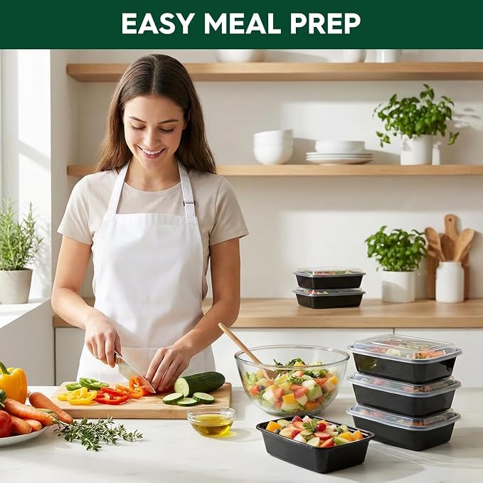 Glotoch Meal Prep Containers 32oz 50 Pack(100 Piece) with Lids, Plastic Food Storage Containers Reusable, Bento Boxes for Portion Control,Takeout, Lunch, Salad, Microwave/Freezer/Dishwasher safe - Image 3