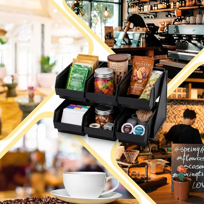Novabright 6 Compartment Serve Condiment Bin Self Serve Condiment Packet Organizer Stand Countertop Plastic Containers Storage Display Rack for Coffee Shops Restaurants Bars(6 Bin 2 Tier) - Image 3