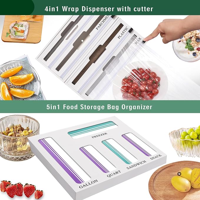 9 In 1 Storage Bag Organizer And Plastic Wrap Dispenser With Cutter, Bamboo Foil and Plastic Wrap Organizer - Image 6