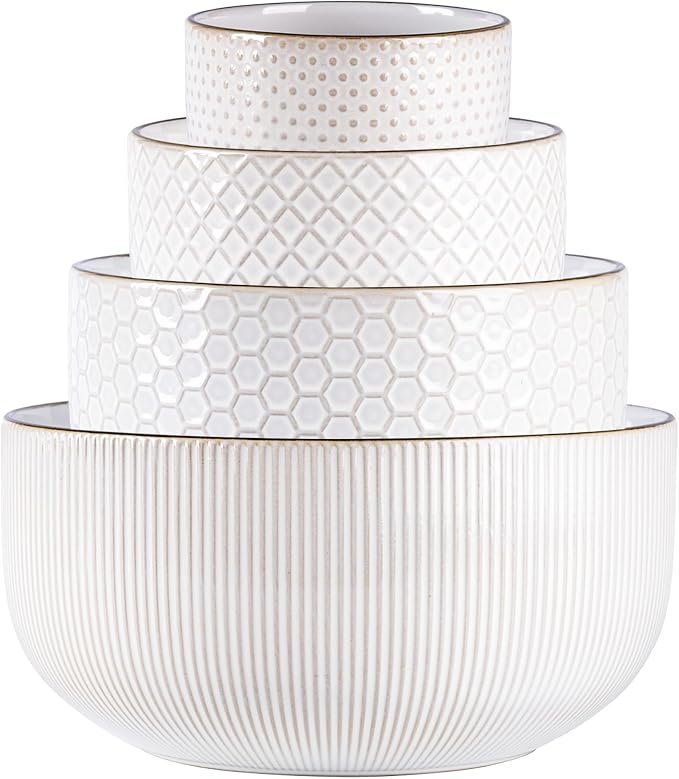 GBhome Ceramic Mixing Bowls Set of 4, Stoneware Nesting Serving Bowls | 150/105/45/20 oz For Prep, Baking, Serving, Gift, Microwave and Dishwasher Safe, Embossed Dishware Collection-Off White by GBhome