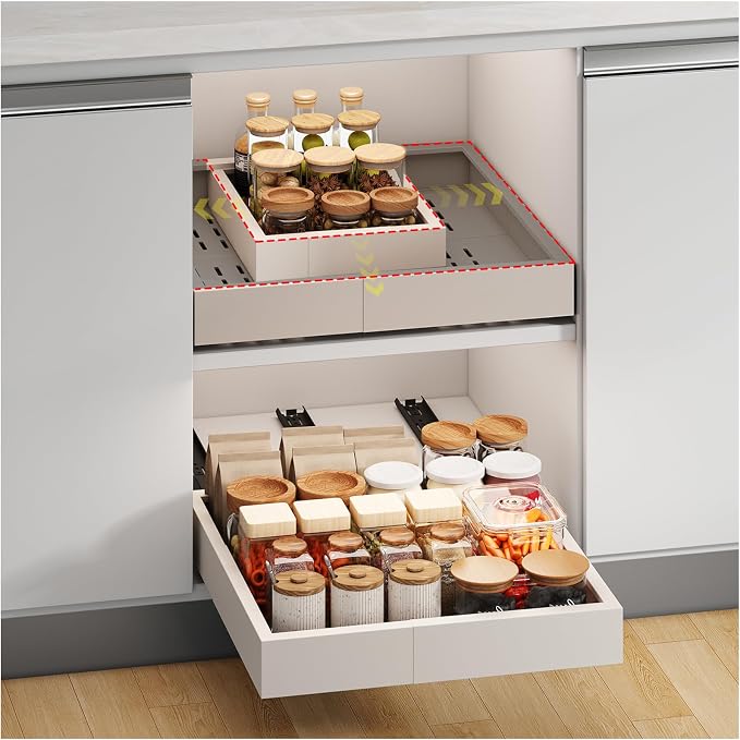 Fokyfok Pull out Cabinet Organizer,11"-16"W, 13"-17"D,Expandable,Adhesive | No Drill,3 Rails,Adjustable Slide out Drawers for Kitchen,Pantry,Roll out Shelves,for Cabinets Without Lip,Bathroom,White,1PC by Fokyfok
