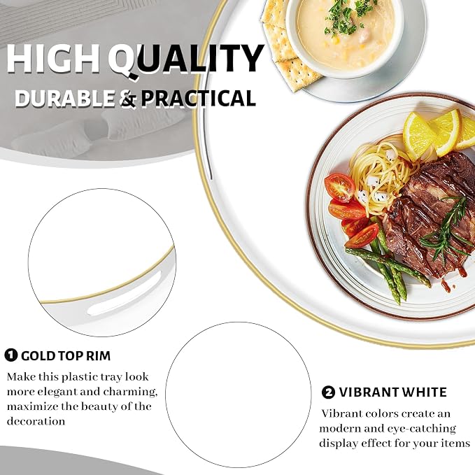 13" White Decorative Tray, Plastic Round Serving Tray with Handles | Decorative Tray for Coffee Table, Modern Ottoman Tray, Circle Tea Tray, Round Melamine Tray for Living Room, Bathroom - Image 3