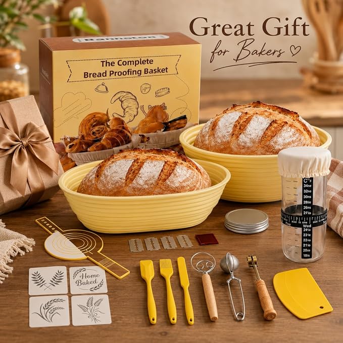 Sourdough Starter Kit, 20PCS Bread Baking Supplies with Banneton Basket | 9 in Round & 10 in Oval Silicone Proofing Bowls, Feeding Jar, Bread Sling, Scrapers, Lame Blades, Stencils - Image 8