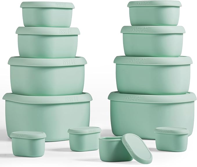ISSEVE 12Pcs/Set Nesting Silicone Food Storage Containers with Lids | BPA-free, Reusable, Meal Prep Containers, Small Freezer Portions, Dishwasher Cleaning, Nested Cabinet Storage, 5 Sizes, Green by ISSEVE