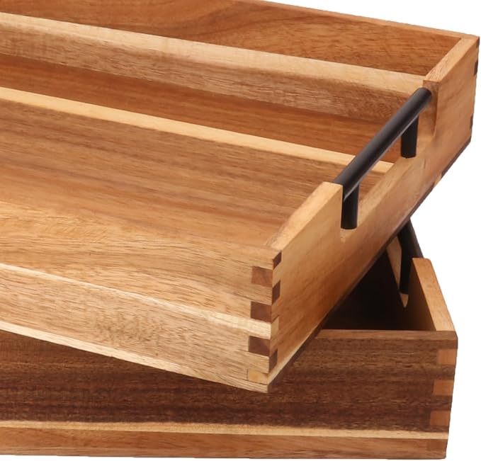 2 PCS Acacia Wood Serving Tray with Black Handles - 13 x 17 inches Premium Wooden Tray for Ottoman and Coffee Table Tray, Home Decor, Kitchen - Image 3