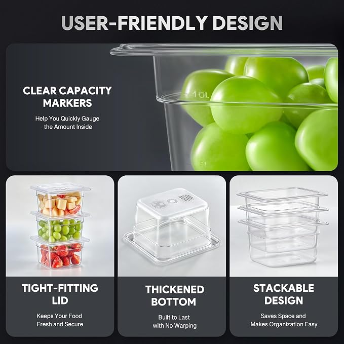 6 Pack Plastic Food Pans with Lids NSF Listed, 1/6 Size 4 in Deep Clear Food Storage Containers, 1.8 qt Stackable Polycarbonate Commercial Hotel for Fruits Vegetables Beans Corns - Image 6
