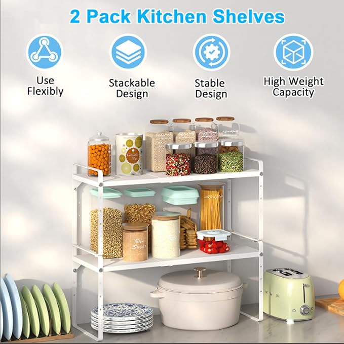 15.5 to 25.5 Inch Kitchen Cabinet Shelf Organizers, Adjustable Kitchen Counter Shelf Organizer, Set of 3 Expandable Countertop Storage Shelves, Stackable Design, 30LBS Heavy Duty, Space Saver - Image 3