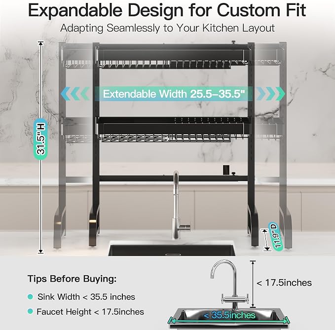 3 Tier Extra Large Stainless Steel Over The Sink Dish Drying Rack | Rust Proof Metal, Expandable Kitchen Sink Drainer, Counter Space Saving, Heavy Duty, Modern Black, Multifunctional Storage - Image 2
