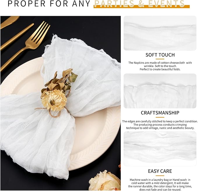 42 Packs Gauze Cheesecloth Napkins 20 x 20 Inch White Wrinkled Dinner Napkins, Rustic Boho Napkins Soft Cloth Napkins for Wedding Party Event Dinner Table Decoration - Image 3