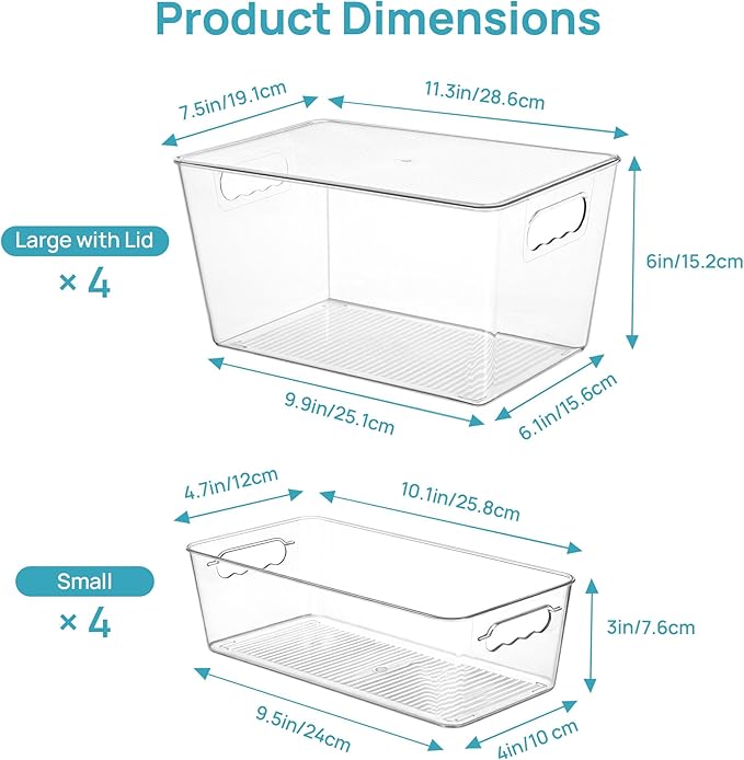 Vtopmart 8 Pack Clear Storage Bins with Lid Set for Pantry Organizer | 4 Large and 4 Small Plastic Pantry Storage Bins with Handle, Storage Containers for Pantry, Kitchen, Fridge, Cabinet - Image 2