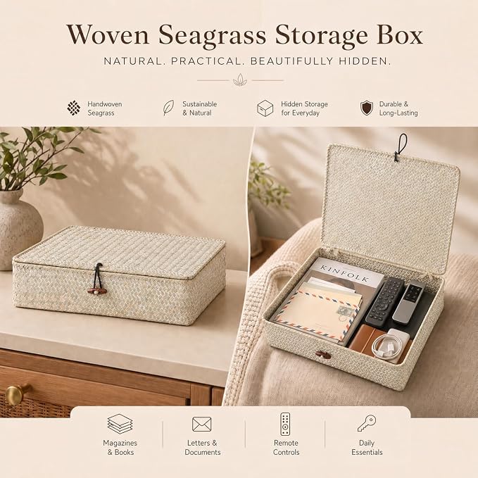 YANGQIHOME Set of 2 Seagrass Baskets with Lids, Rectangular Woven Storage Baskets, Natural Wicker Basket Boxes for Coffee Table, Shelf, Bathroom Counter & Closet Decor (Whitewashed, Set of 2) - Image 5