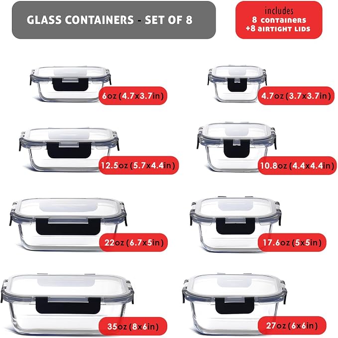 EATEX 16pc Glass Food Storage Containers with Lids, Airtight Glass Meal Prep Containers, 8 Reusable Food Containers with 8 Leakproof Snap Lock Lids, Oven Microwave Freezer Safe Lunch - Image 2
