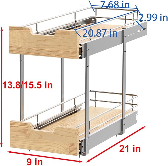 Sikarou Pull Out Cabinet Organizer,Heavy-Duty Slide Out Shelf, Wood and Wire Basket, Pull Out Drawer for for Kitchen Under Sink Space, Pantry, Bathroom, 2 Tie 9 * 21 in - Image 2