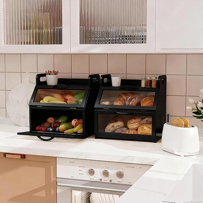 BAMBANG Bread Box for Kitchen Countertop, Extra Large Double Layer Bamboo Breadbox with Clear Window, Farmhouse Wooden Bread Storage Container for Homemade Bread, Knife & Cutting Board Holder, Black - Image 6