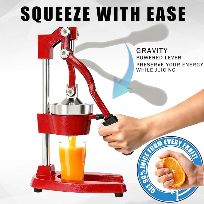Kitchen Cast Iron Juicer - Easy-to-Clean Heavy-Duty Manual Juicer, Professional Citrus Juicer - Stainless Steel Lemon Squeezer - Manual Citrus Press & Orange Squeezer - Orange Juicer (Red) - Image 3