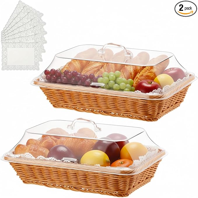 Mumufy 2 Packs Bread Baskets for Serving with Lid 15.75x11.81x2.95'' Imitation Rattan Fruit Storage Basket, and 50 Pcs Food Blotting Sheets for Baker Gift, Kitchen Counter Organization, Bread Display by Mumufy