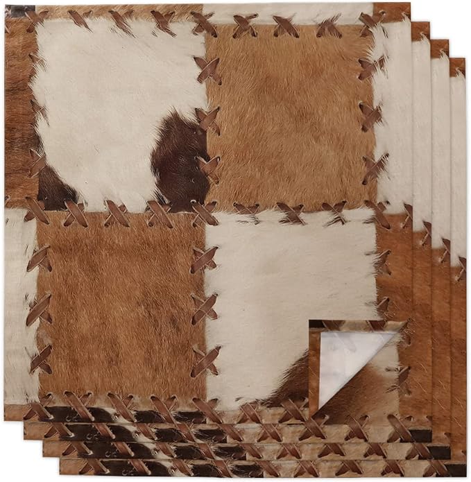 Brown White Geometric Cloth Napkins Set of 4, Retro Plush Cowhide Texture Dinner Napkins Cloth Washable, Cocktail Napkins Reusable for Wedding, Party, Birthday (20"x20") by Unknown