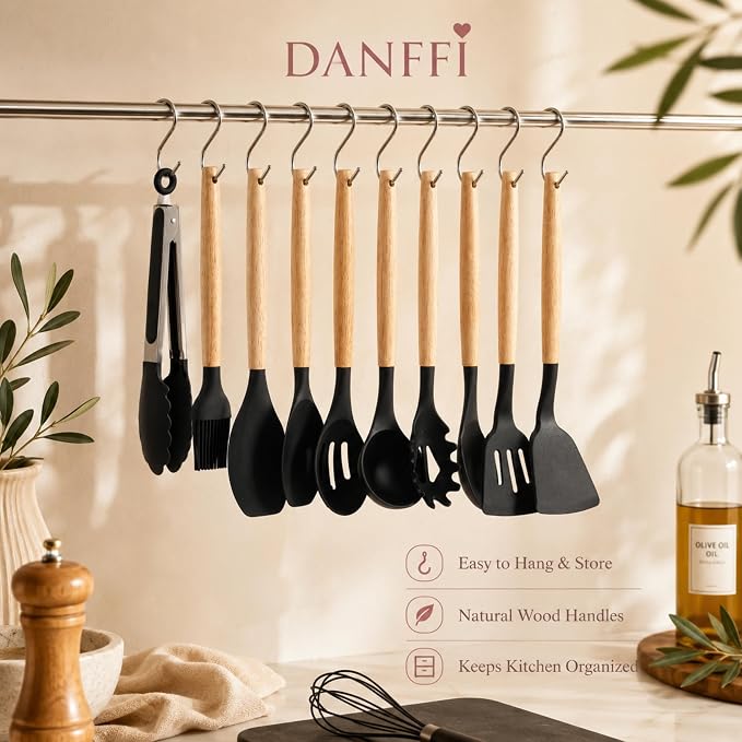 19-Piece Black Kitchen Utensils Set with Knife Set & Cutting Board - Silicone Cooking Utensils with Wooden Handles, Rose Gold Accents, Scissors, Whisk & Tongs - BPA-Free Modern Black Kitchen Gift Set - Image 6