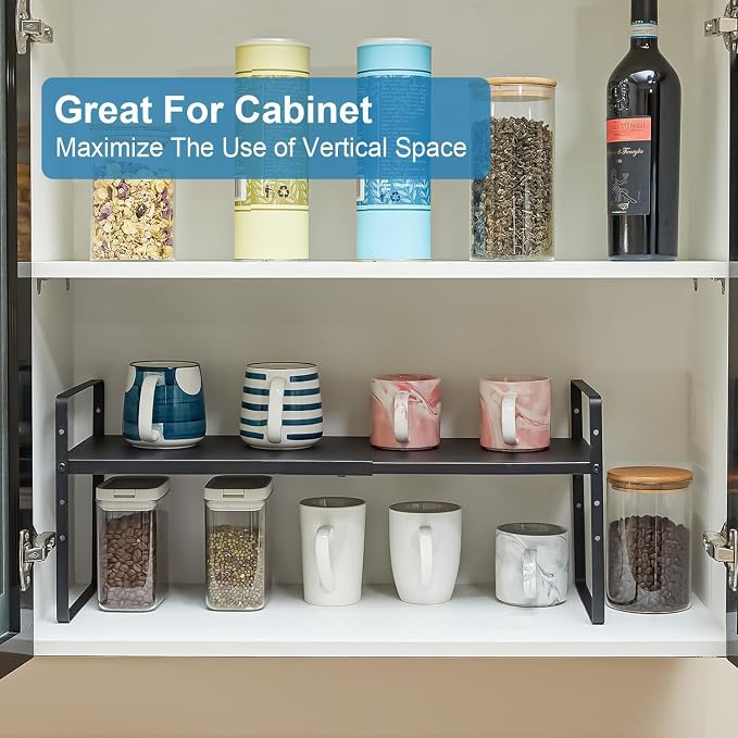 Set of 2 Expandable Cabinet Shelf Organizer, Stackable Kitchen Countertop Shelves Spice Racks, Small Metal Storage Shelf For Cupboard Counter Tabletop, 30 LBS Heavy Duty, Adjustable, 13.8" to 21.6" - Image 8