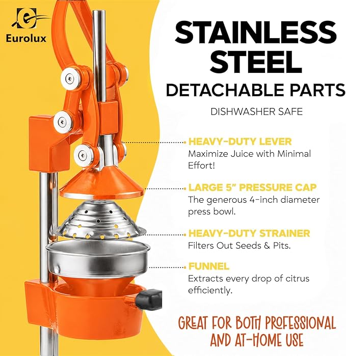 Eurolux Ultra-Premium Cast Iron Juicer | Extra-Large, Heavy Duty, Commercial Grade, Stainless Steel Manual Hand Press Citrus Squeezer For Fresh Orange Juice, Pomegranate, Lemon, and Much More (Orange) - Image 7
