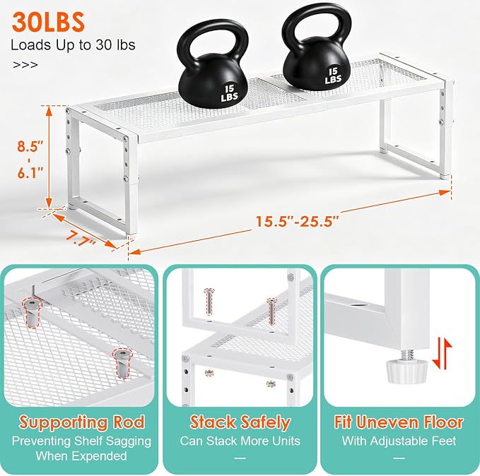 Expandable Cabinet Shelf Organizer, 15.5–25.5 Inch Length, Height Adjustable Metal Wire Storage Shelves for Kitchen, Pantry, Cupboard & Closet, Stackable Storage Rack for Dishes, Plates, Cups & Spices - Image 3