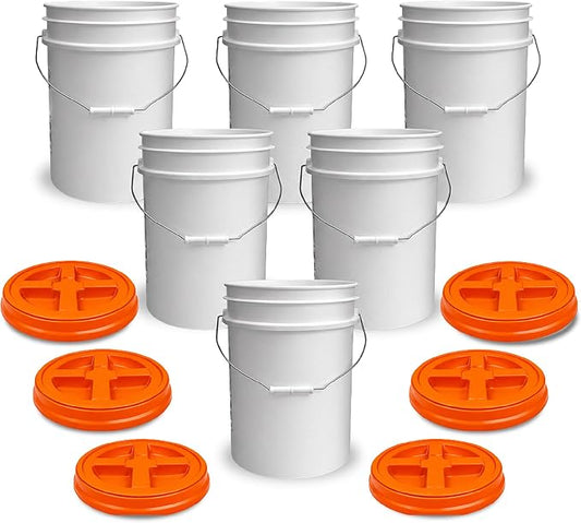 5 Gallon Bucket - Food Grade w/Lid BPA-Free, White/Orange, 6 | Airtight Gamma Seal Screw-On Lid, Heavy-Duty 90 Mil HDPE Plastic, Food Safe and Durable Container, Bulk Storage, Made in USA by ePackageSupply