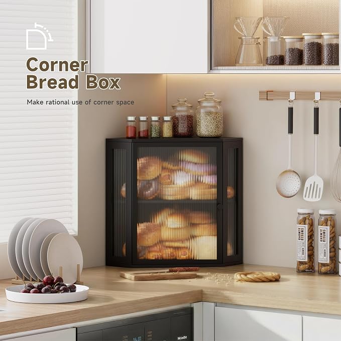 Corner Bread Box for Kitchen Countertop,Bread Storage (Black, Extra Large) | Double Layer Large Capacity Bamboo Bread Container Bin with Acrylic Door,Height Adjustable - Image 3