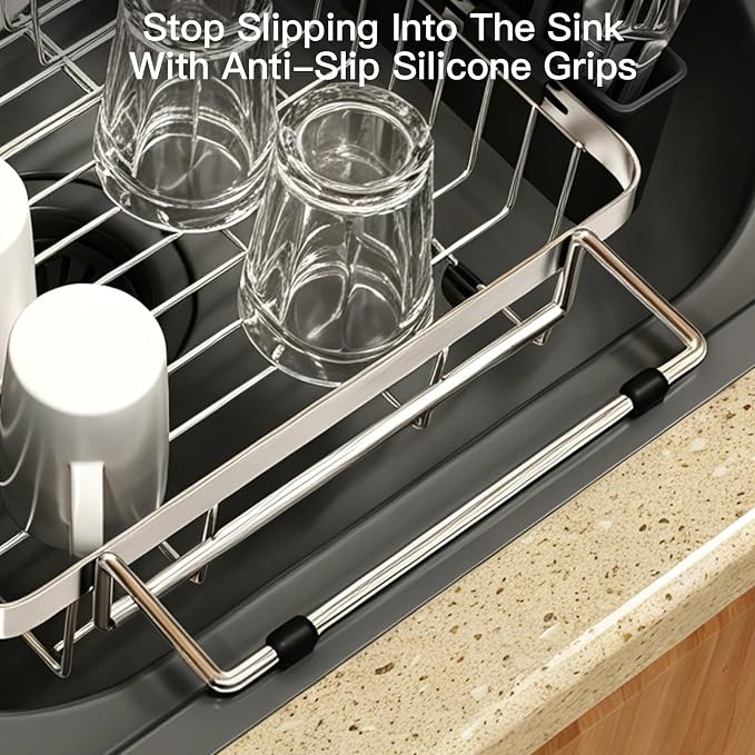 Dish Drying Rack Over The Sink with Utensil Holder, Mat | Expandable Stainless Steel Dish Drainer for Small Kitchen, Apartment, RV, Counter Space Saving, Perfect Fit, Rustproof - Image 8