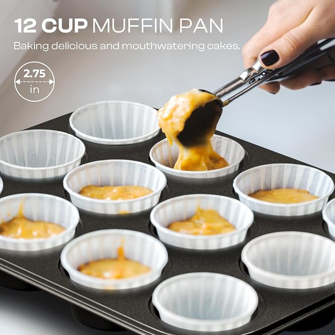 12-Piece Nonstick Bakeware Set, Stackable Non Toxic Baking Pans Set - Black | Oven Safe Bakeware Set with Rack & Kitchen Utensils, Cookie Sheets Set, Cake Pan, Muffin Pan, Loaf Pan, Roasting Pan - Image 6
