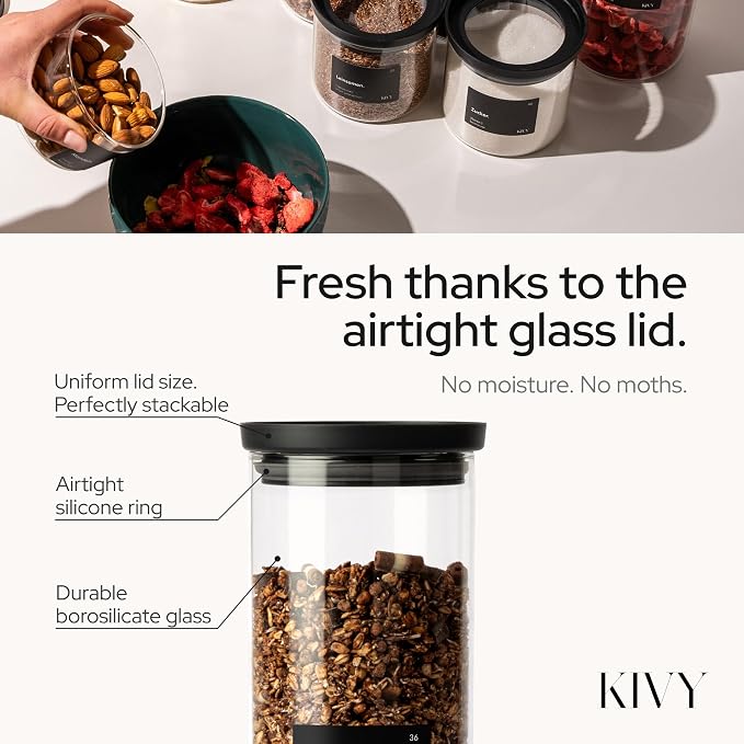 KIVY Airtight Glass Jars with Lids & Labels [4x 17oz] Stackable Glass storage jars with airtight lids - Black Glass Jars with airtight lid - Food Glass canisters with transparent lids - Image 7