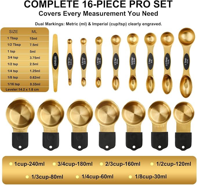 Gold Magnetic Measuring Cups & Spoons Set of 16, 7 Stainless Steel Measuring Cups, 8 Double-Sided Measuring Spoons & 1 Leveler, Premium Finish Baking Tools Kitchen Gadget for Dry & Liquid Ingredients - Image 2