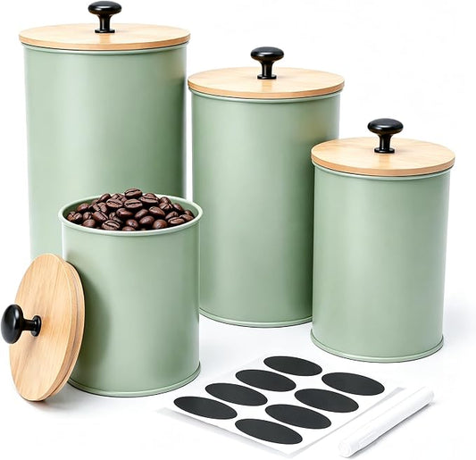 Kitchen Canister Set of 4 Airtight Metal Containers with Bamboo Lids, Green | Flour sugar coffee tea canisters set with bamboo lids, customizable chalkboard labels & marker pen by Unknown