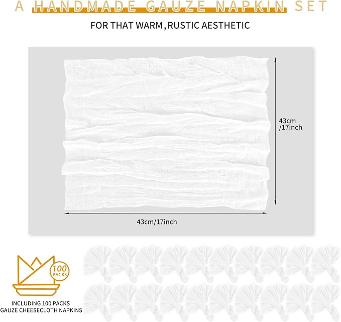 100 Pieces Cloth Napkins White Dinner Cheesecloth Napkins for Wedding,Wrinkled Cloth Napkins Bulk for Home Party Rustic Table Decoration, 17 x 17 Inch - Image 2