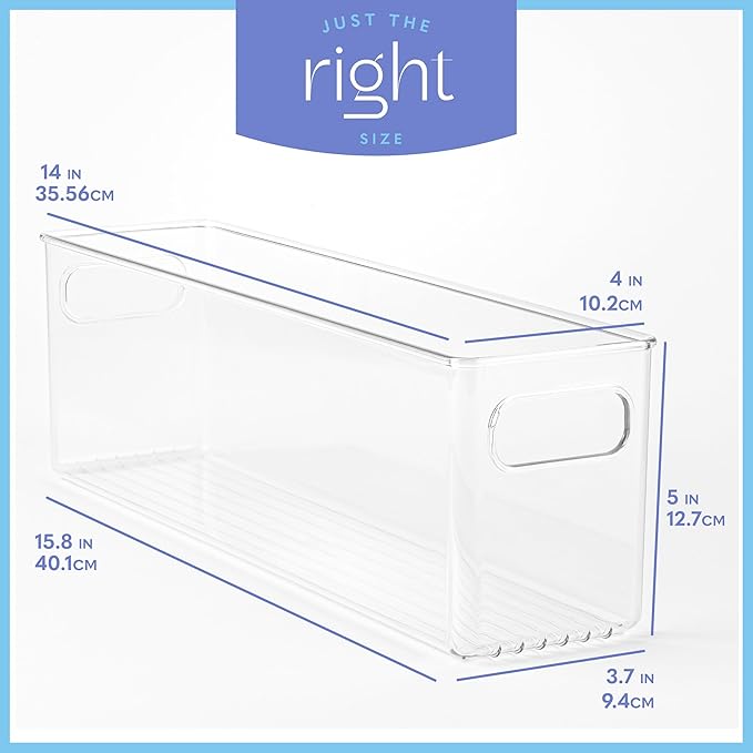 Plastic Food Storage 4 Pack Clear Container Bin with Handles for Organizing Kitchen, Pantry, Refrigerator, Freezer, Pantry, Cabinet, Closet, Bathroom. 14”x4”x5” - Image 3