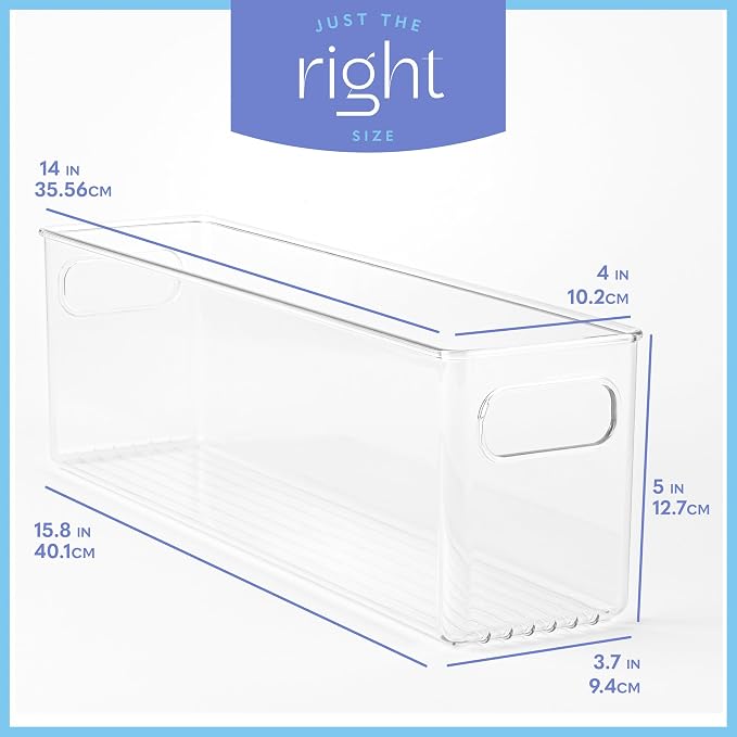 Plastic Food Storage 4 Pack Clear Container Bin with Handles for Organizing Kitchen, Pantry, Refrigerator, Freezer, Pantry, Cabinet, Closet, Bathroom. 14”x4”x5” - Image 3