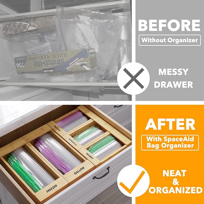SpaceAid Bag Storage Organizer for Kitchen Drawer, Bamboo Organizer, Compatible with Gallon, Quart, Sandwich and Snack Variety Size Bag (5 Pack Set) - Image 2