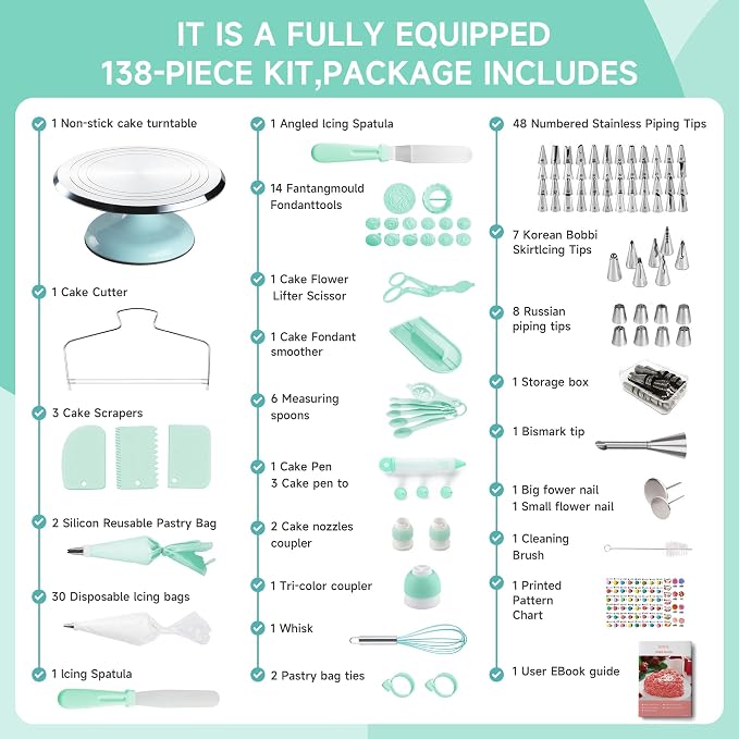 Cake Decorating Kit, 138pcs Cake Decorating Supply with Aluminium Cake Turntable, 64 Numbered Icing Piping Tips, 2 Spatulas, 3 Icing Comb Scraper and Leveller, 32 Piping Bags,cake decorating tool - Image 7