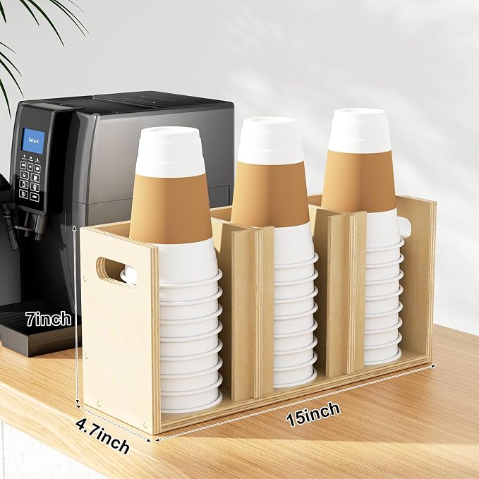 Wood Cup Lid Organizer 3 Compartments with Adjustable Dividers for Counter Wall Mount Disposable Cup and Lid Storage Kitchen Restaurants Fast Food Coffee Shop Supplies (15”W x 7”H x 4.7”D) - Image 2