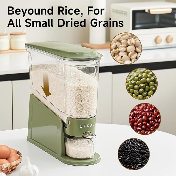 UFORU Slim Rice Dispenser 22 LB,Clear Rice Storage for Small Spaces | Green,BPA-Free Sealed Design for Rice, Grain and Cereal,Rice Container Fits Narrow Pantry Shelves and Countertops - Image 8