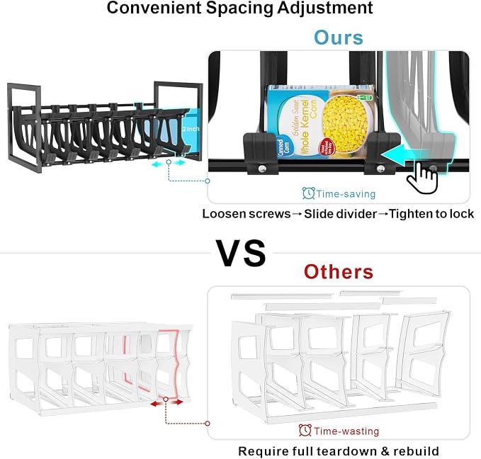 Can Organizer for Pantry - Auto-Rolling, Expands to Hold 60 Cans | Stackable For Walk-in Deep Pantry Shelve, Adjustable Width for Food Cans, Sturdy Metal Frame, Easy Access & Restocking, Black - Image 5