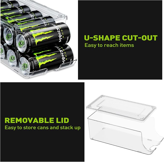 SCAVATA Soda Can Organizer for Refrigerator for Tall Cans of 16oz & 17oz, Stackable Beverage Cans Container Holder Dispenser with Lid for Fridge Pantry Rack Freezer (One Pack) - Image 4