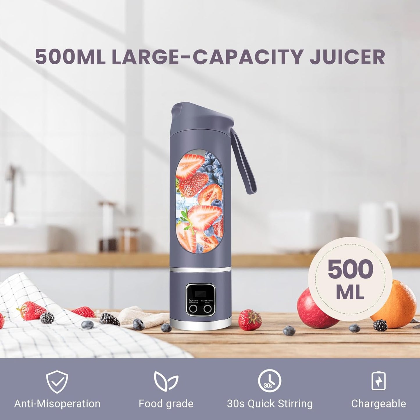 Portable Personal Electric USB Juicer，500ML Mini Blender Portable Blender For Shakes and Smoothies juice，12 Blades Great for Mixing，Compact、Convenient and Versatile (Purple)