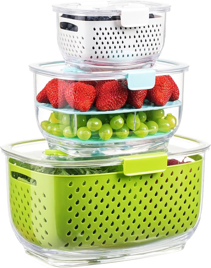 LUXEAR Fresh Produce Vegetable Fruit Storage Containers 3Piece Set, BPA-free Fridge Storage Container, Partitioned Salad Container, Fridge Organizers, Used in Storing Fruits Vegetables, Green by Luxear