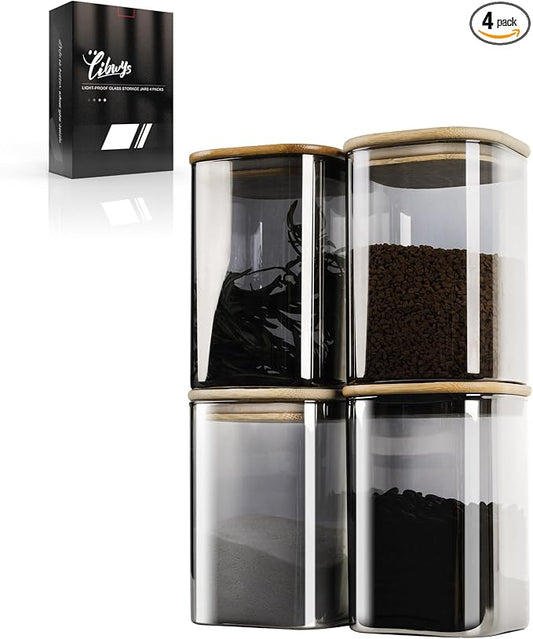 LIBWYS 4-Pack Anti-UV Square Glass Storage Jars with Bamboo Lids (1.22Qt) | Light Resistant Containers (LRC) for Pantry Organization, Coffee Beans, Loose Tea, Sugar, Pet Food | Kitchen Canisters Set by LIBWYS