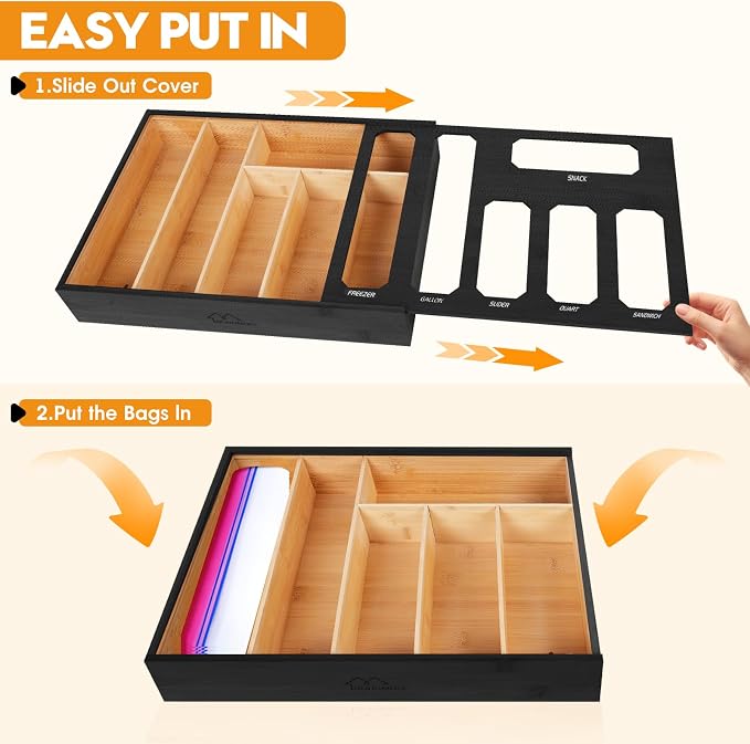 6 in 1 Bamboo Ziploc Bag Storage Organizer, Black Baggie Organizer for Drawer with Sliding Lid - Fits Gallon, Quart, Sandwich, Snack & Freezer Bags, Wall Mountable Kitchen Drawer Organization - Image 4