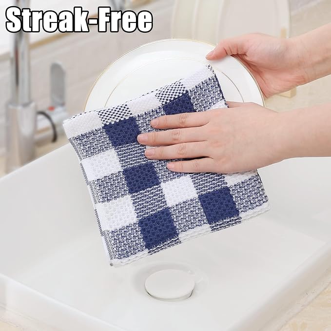Homaxy Kitchen Towels and Dishcloths Set, Set of 8, Blue & White | Bulk Cotton Waffle Weave Check Plaid Kitchen Towels, Super Soft and Absorbent Dish Cloths, 12 x 12 and 13 x 28 Inches - Image 4
