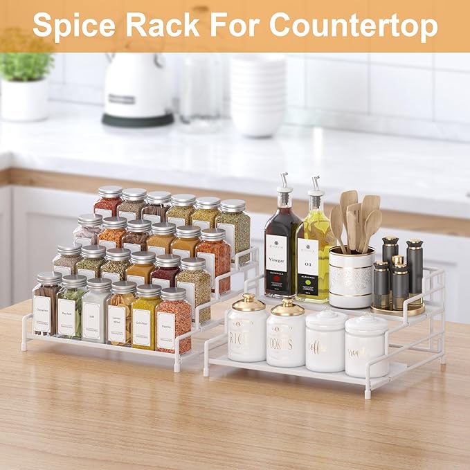 RUILALIFE 4-Tier-Spice-Rack-Organizer-for-Cabinet, Adjustable Depth Spice Holder Shelf For Countertop Pantry Cupboard, Metal Tiered Seasoning Organizer,Display Shelf Riser (White-2 Pack) - Image 5