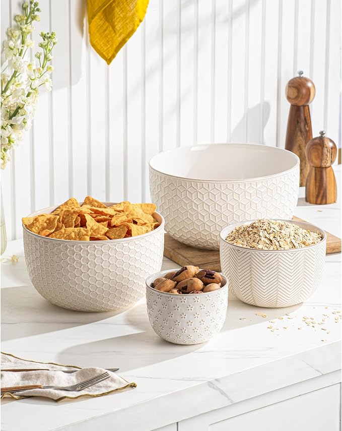 Ceramic Mixing Bowls, Embossed Nesting Bowls Set of 4, Mixing Bowl Set for Serving, Baking, Cooking and Gift, Microwave and Dishwasher Safe, 20/47/99/148 oz, Off-White - Image 2