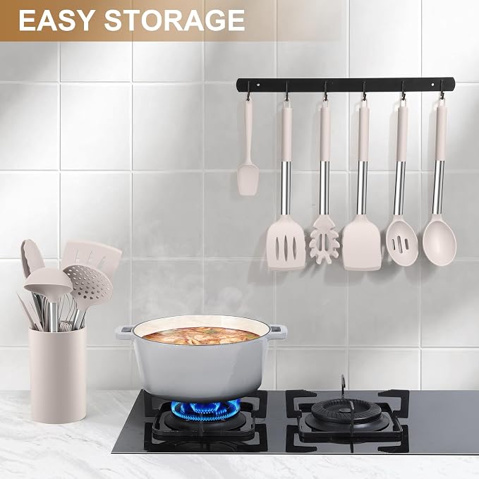 LIANYU 15 Pcs Cooking Utensils Set, Silicone Kitchen Tools with Holder | Heat Resistant, Kitchen Gadgets with Stainless Steel Handle, Brush Spatula Spoon Whisk for Cookware, Dishwasher Safe, Khaki - Image 7